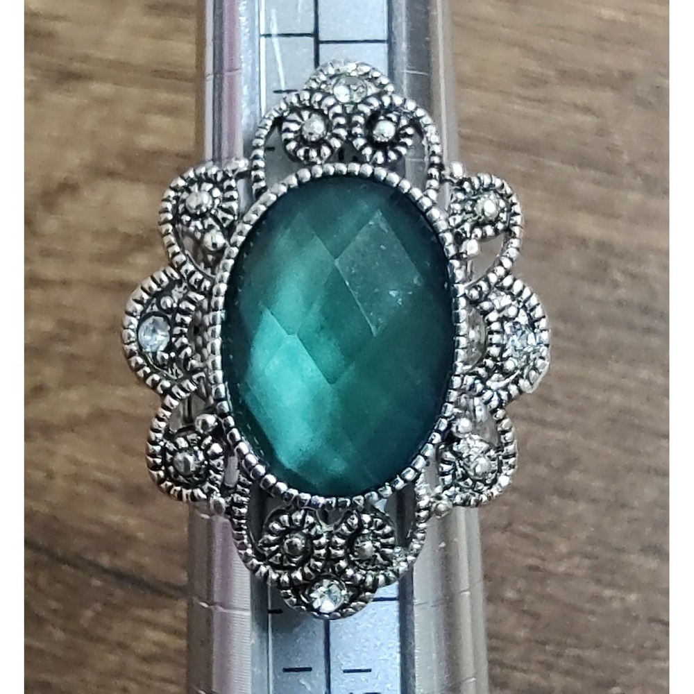 Vintage Silver Tone Costume Rhinestone Green Plastic Stone Ring Adjustable J33
